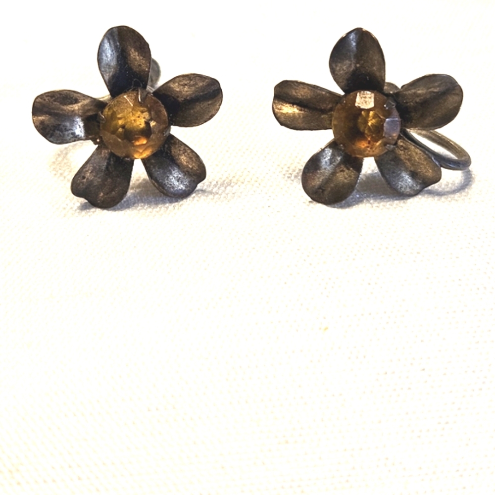 Vintage Sterling Silver Flower Citrine Rhinestone Screw Back Earrings